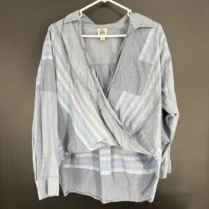 Ivy Jane Size XS Striped Blue Wrap Top Long Sleeve Cotton V Neck Collared